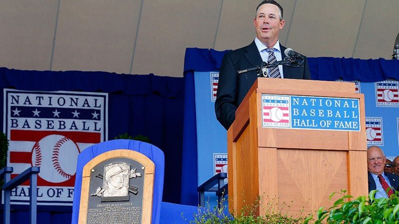 Greg Maddux at his Hall of Fame induction in 2014.