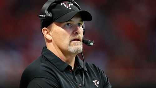 Falcons head coach Dan Quinn looks on during the second half against the  Bills at Mercedes-Benz Stadium on October 1 in Mercedes-Benz Stadium.