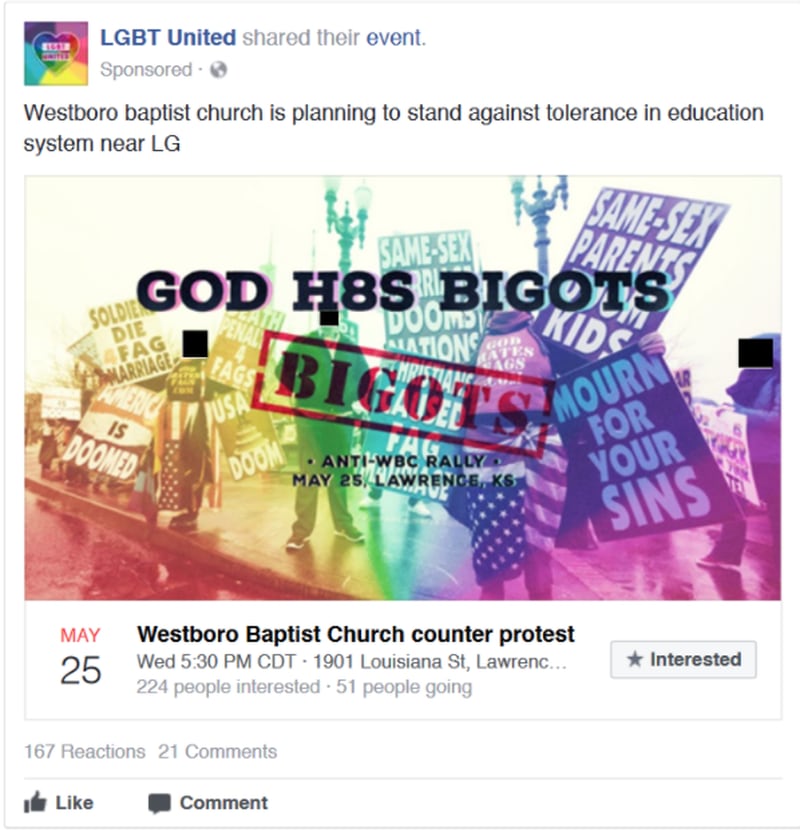 A fake event created by a Russian-made group targets LGBT allies and people in the LGBT community on Facebook, as well as users with interests in same-sex marriage and Hillary Clinton.