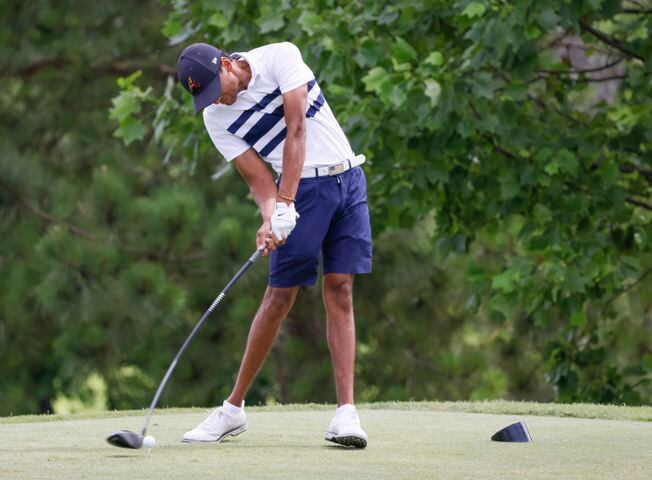 Deven Patel,  University of Virginia, who finished sixth, 12 under par, hits from the seventh tee during the final round of the Dogwood Invitational Golf Tournament in Atlanta on Saturday, June 11, 2022.   (Bob Andres for the Atlanta Journal Constitution)
