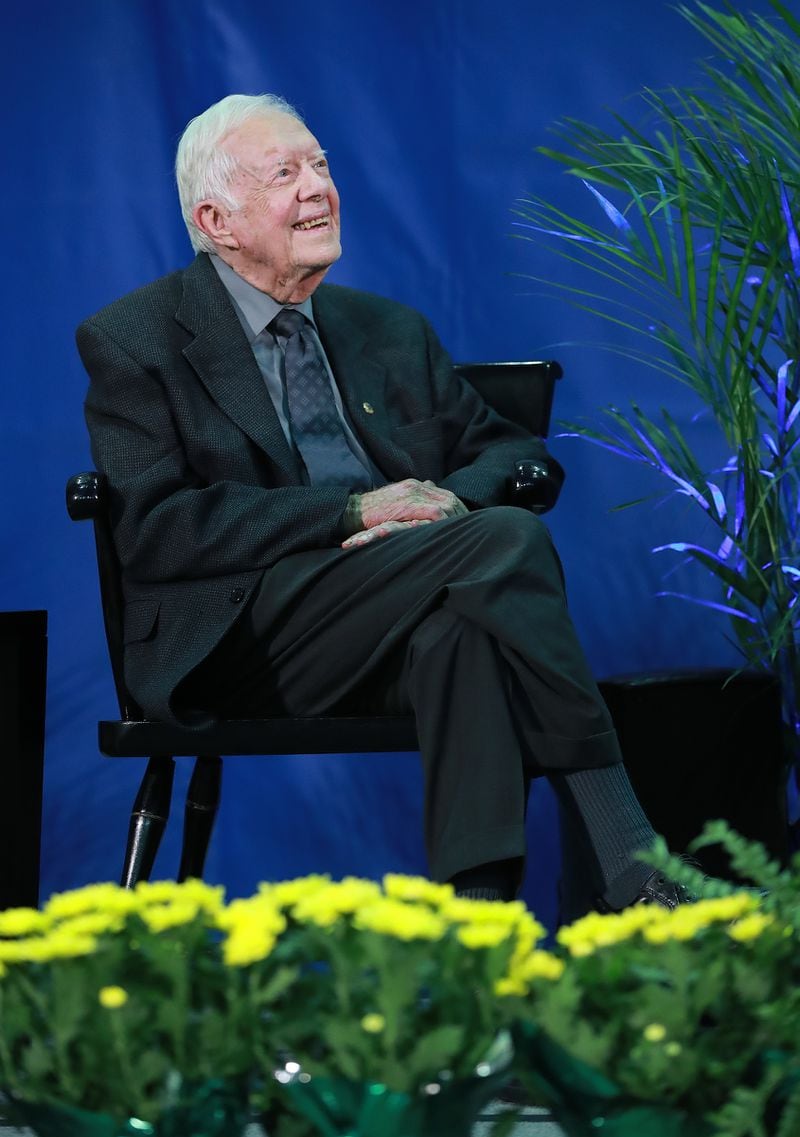 September 12, 2018 Atlanta: Former President Jimmy Carter, 93, prepares to take the podium for his annual town hall with Emory University freshman in the campus gym on Wednesday, Sept 12, 2018, in Atlanta.  Curtis Compton/ccompton@ajc.com