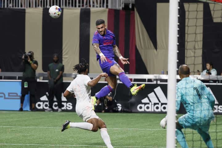Atlanta United attacker Dom Dwyer elevates to connect with a header during the second half of an MLS soccer match on Saturday, May 28, 2022. Miguel Martinez / miguel.martinezjimenez@ajc.com