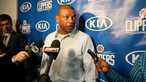 INDIANAPOLIS, IN - JANUARY 26: Doc Rivers the head coach of the Los Angeles Clippers talks to the media regarding the Blake Griffin injury status before the game against the Indiana Pacers at Bankers Life Fieldhouse on January 26, 2016 in Indianapolis, Indiana. NOTE TO USER: User expressly acknowledges and agrees that, by downloading and or using this photograph, User is consenting to the terms and conditions of the Getty Images License Agreement. (Photo by Andy Lyons/Getty Images)