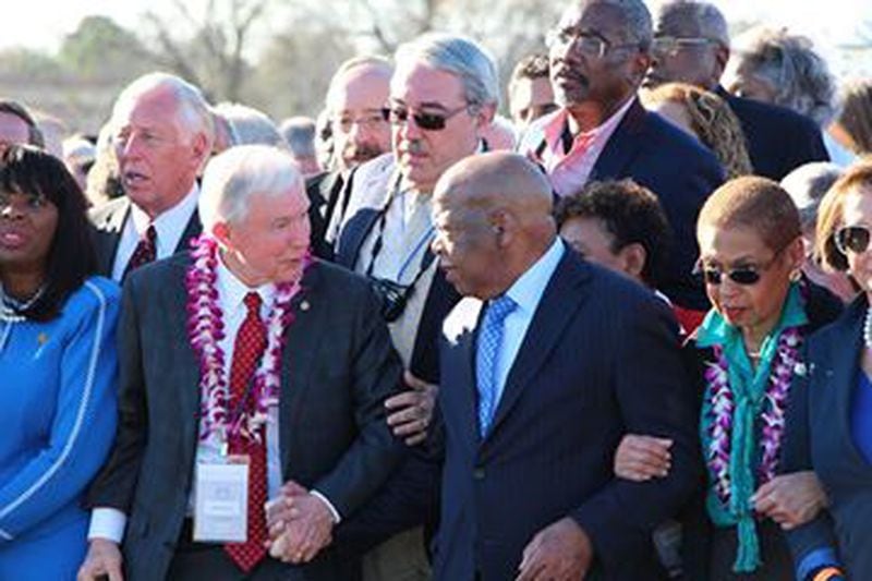  Supporters of U.S. Sen. Jeff Sessions' nomination to be attorney general have circulated this photo with Rep. John Lewis at a 50th-anniversary commemoration of the "Bloody Sunday" march in Selma, Alabama. (Facebook photo)