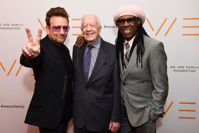Singer Bono of U2, former President Jimmy Carter and co-founder of WAFF Nile Rodgers attend We Are Family Foundation 2016 Celebration Gala on April 29, 2016 in New York, New York.  (Photo by Shahar Azran/Getty Images/Courtesy Shorefire Media)