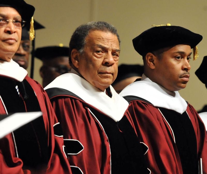 Andrew Young (center) gave President Wilson the affirmation and charter during the program Morehouse College hosted the inauguration of its 11th president John Silvanus Wilson Jr. at the Martin Luther King Jr. International Chapel, Friday, February 14, 2014. Wilson has been on the job since January 2013. Wilson is a 1979 Morehouse graduate.