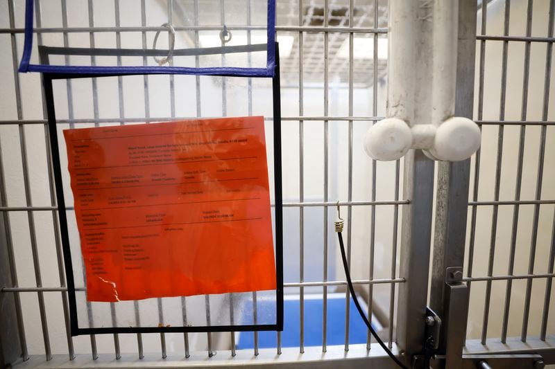 A level hanging in one of the dog cages shows a card indicating the type of dog according to its behavior: the Dekalb County Animal Shelter not only keeps rescues dogs but also needs to make room for animals involved in legal cases.
Miguel Martinez /miguel.martinezjimenez@ajc.com