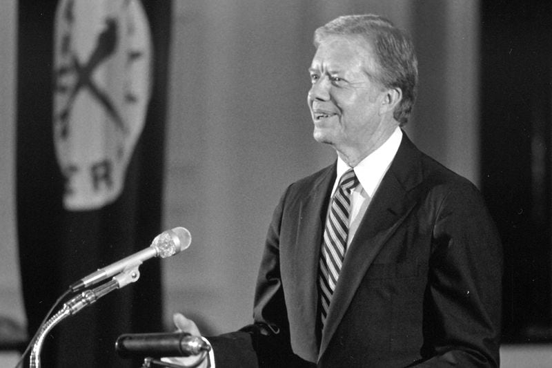 Former President Jimmy Carter speaks to Emory University students at the first Carter Town Hall held in 1982. (Courtesy of Emory University)