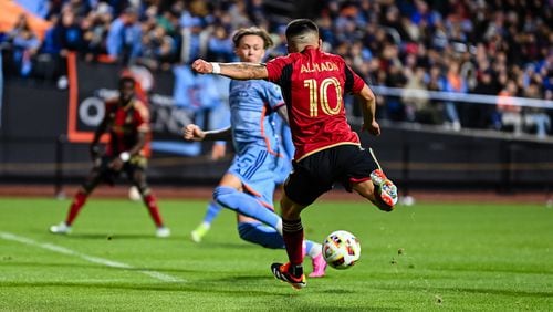 Atlanta United midfielder Thiago Almada #10 shoots the ball during the first half of the match against New York City FC at Citi Field in Queens, NY on Saturday April 6, 2024. (Photo by Mitch Martin/Atlanta United)