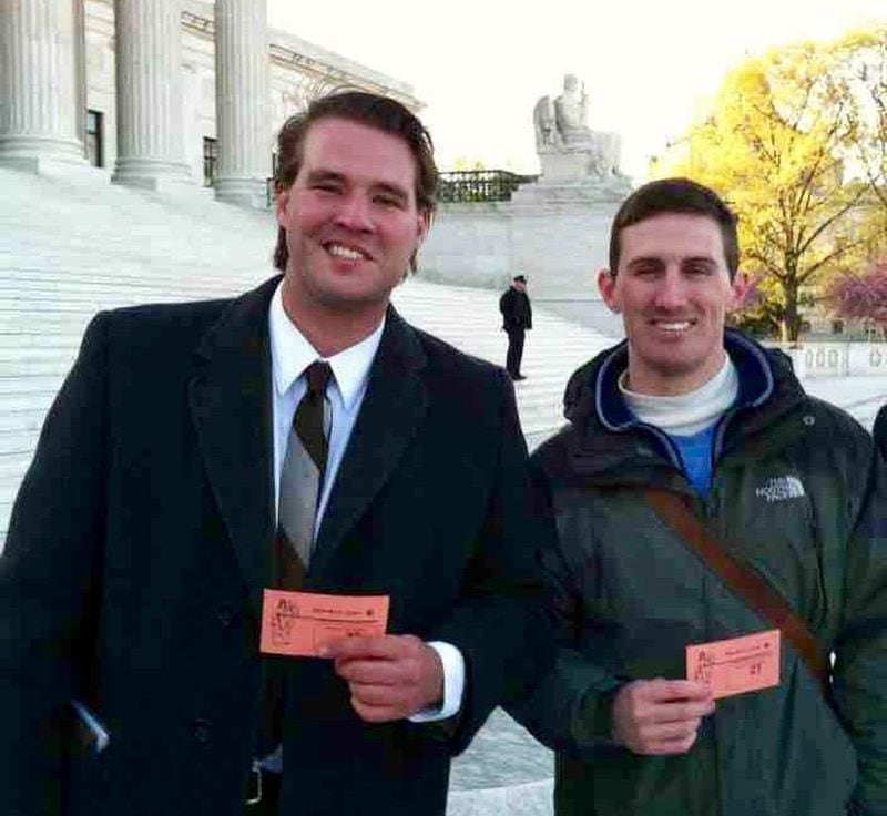 Mike Tokars (left) and his friend Brendan Flanagan after securing tickets to get into the U.S. Supreme Court to hear arguments on the Obamacare case. Mike Tokars was 4 when his father, Fred Tokars, murdered Mike’s mother, Sara Tokars.