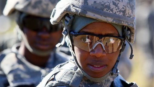 Sergeant Cortney Nelson, 27, Decatur, with the 48th Brigade of the Georgia Army National Guard, trains for deployment to Afghanistan at Fort Stewart on Wednesday, Nov. 13, 2013, near Hinesville. It will be Nelson's first deployment.