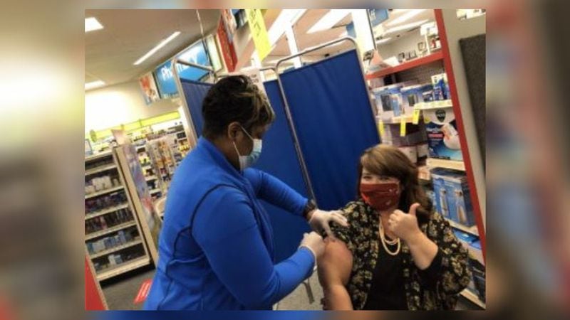 Decatur kindergarten teacher Laura Price Pitts got her first COVID-19 shot at a pharmacy in Tuskegee, Alabama on Friday. CONTRIBUTED