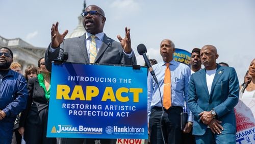 Congressman Jamaal Bowman (D-NY) speaks at a press conference on the re-introduction of Restoring Artistic Protection Act (RAP Act) in Washington, DC on April 27th, 2023. (Nathan Posner for The Atlanta Journal-Constitution)