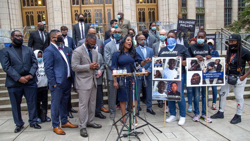 Attorney Tanya Miller talks at a press conference with other lawyers who are currently suing the city of Atlanta on behalf of police brutality victims. STEVE SCHAEFER / SPECIAL TO THE AJC