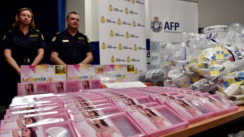 Gel bra inserts (foreground L) containing concealed crystal methamphetamine is seen at the Australian Federal Police headquarters in Sydney on February 15, 2016. Australian police have seized more than 712 million USD in crystal methamphetamine, or ice, some concealed in gel bra inserts in one of the country's biggest drug busts. AFP PHOTO / Saeed KHAN / AFP / SAEED KHAN (Photo credit should read SAEED KHAN/AFP/Getty Images)