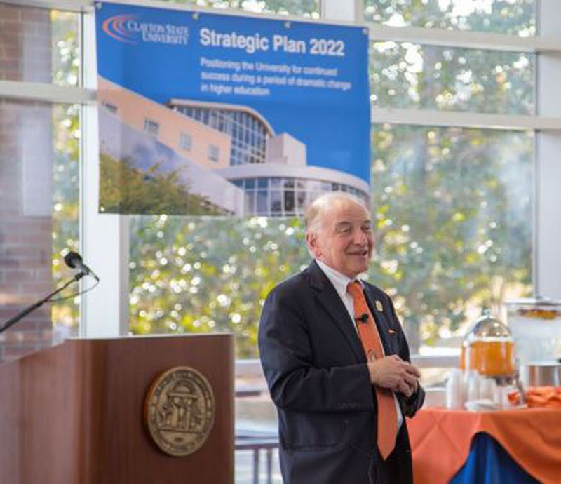 Clayton State University President Tim Hynes spoke before more than 100 students and staff in attendance for the kickoff of the university’s new strategic plan.