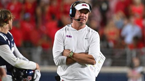 Mississippi coach Lane Kiffin walks the sideline during the second half the team's NCAA college football game against Georgia Tech in Oxford, Miss., Saturday, Sept. 16, 2023. (AP Photo/Thomas Graning)
