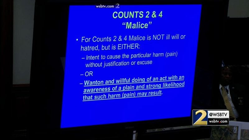 Prosecutor Chuck Boring explains to the jury the definition of malice, during his closing argument during the murder trial of Justin Ross Harris at the Glynn County Courthouse in Brunswick, Ga., on Monday, Nov. 7, 2016. (screen capture via WSB-TV)