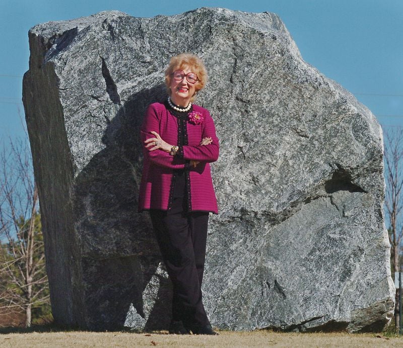 Kennesaw State University President Betty Siegel is shown in a Thursday, Jan. 19, 2006 portrait taken at the "KSU Remembrance Rock," a 30-ton chunk of granite Siegel had placed here in  Fall 2005. At the last commencement exercises Siegel made sure each KSU graduate could get a wrapped miniature version of this rock that also had 5 questions Siegel felt every graduate should be asking themselves. The five questions are 1)Who am I?, 2)Where do I come from?, 3) Where am I going?, 4) What is the meaning?, and 5) How do I matter?. Siegel's signature follows the five questions she feels are important. 