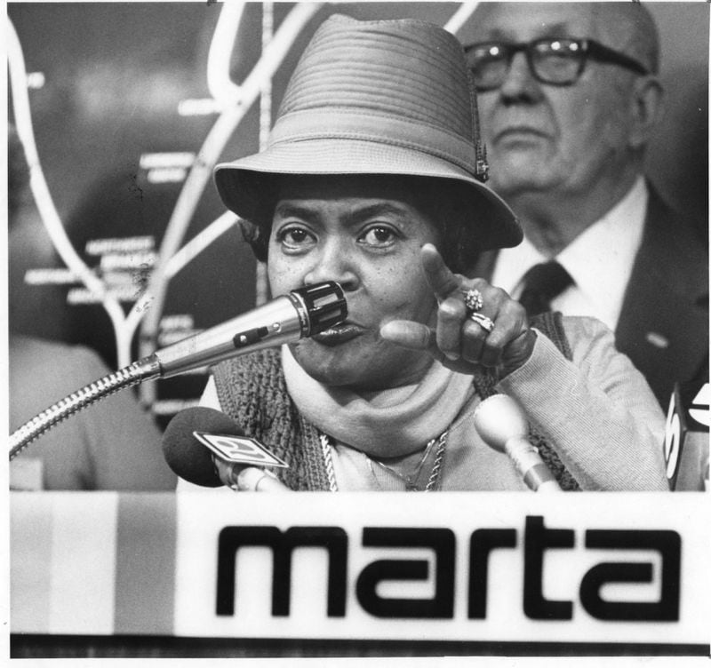 National Domestic Workers’ Union of America President Dorothy Bolden scolds MARTA for a rate increase proposal in 1980. AJC ARCHIVE / J.C. LEE, STAFF