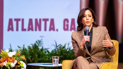 Vice President Kamala Harris, shown speaking to students at Morehouse College in Atlanta in September, is set to visit the city once again on Tuesday to meet with activists to discuss voting rights. (Arvin Temkar / arvin.temkar@ajc.com)
