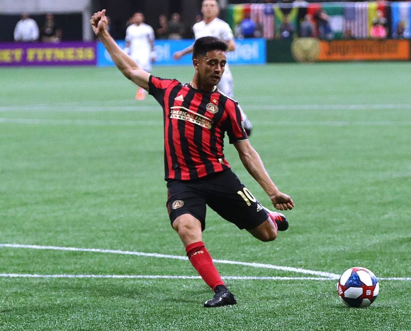 May 12, 2019 Atlanta: Atlanta United midfielder Pity Martinez scores his first goal of the season against Orlando City in a MLS soccer match on Sunday, May 12, 2019, in Atlanta.  Curtis Compton/ccompton@ajc.com