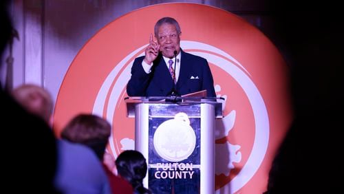 Fulton County Chairman Robb Pitts delivers the State of the County Address to guests and elected officials hosted by the Council for Quality Growth and Fulton County Government at the Flourish Atlanta on Wednesday, May 10, 2023.
Miguel Martinez /miguel.martinezjimenez@ajc.com