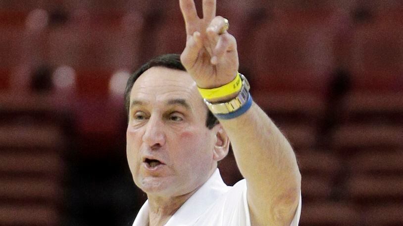 Duke head coach Mike Krzyzewski signals during practice for a second-round game of the NCAA college basketball tournament, Thursday, March 21, 2013, in Philadelphia.