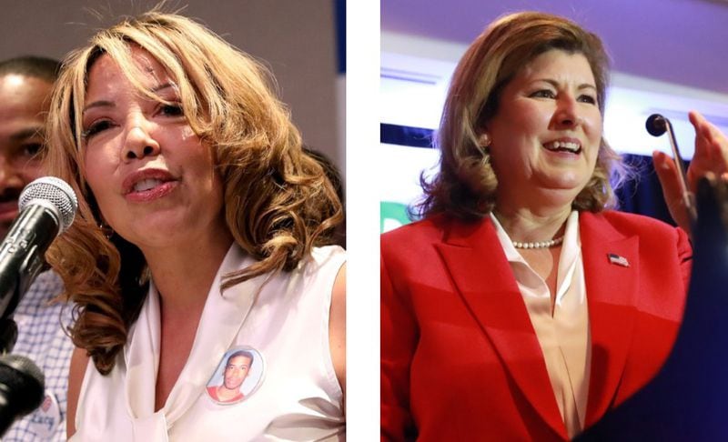 Democrat Lucy McBath, left, unseated Republican U.S. Rep. Karen Handel in 2018. The two faced off again in 2020, and McBath won again. AJC file photos.