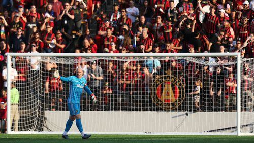 Atlanta United goalkeeper Brad Guzan directs teammates during  the first half against Saint Louis FC Wednesday, July 10, 2019, at Fifth Third Bank Stadium in Kennesaw.