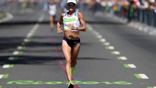 American Shalane Flanagan finished out of medal contention in the Women's Marathon on Day 9 of the Rio 2016 Olympic Games at the Sambodromo Aug. 14, 2016, in Rio de Janeiro, Brazil.