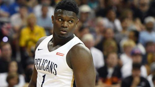 Zion Williamson of the New Orleans Pelicans walks on the court during a game against the New York Knicks during the NBA Summer League at the Thomas & Mack Center on July 5, 2019 in Las Vegas. (Photo by Ethan Miller/Getty Images)
