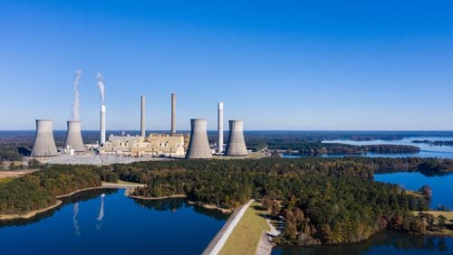 Plant Scherer, a Georgia Power plant, is seen from the air using a drone on Tuesday, November 9, 2021, near Juliette. (Elijah Nouvelage for The Atlanta Journal-Constitution)