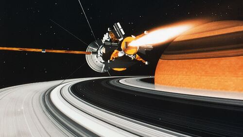An illustration of the Cassini-Huygens spacecraft in orbit around Saturn. Cassini has been studying the sixth planet from the sun and its many moons since arriving in Saturn’s neighborhood in 2004. The little space lab is getting ready for the final phase of its mission, before plummeting directly into the planet in September in a kamikaze-style death spiral.