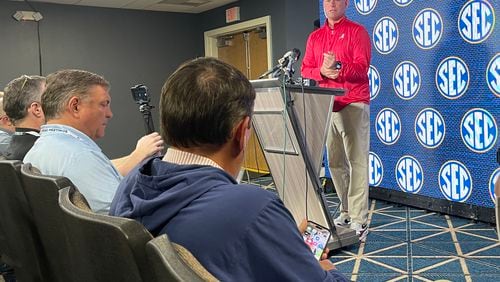 Kalen DeBoer, the football coach who succeeded Nick Saban at Alabama, address reporters at the SEC Spring Meetings at the Sandestin Hilton Resort in Miramar Beach, Florida, on Tuesday, May 28, 2024. (Photo by Chip Towers/ctowers@ajc.com)
