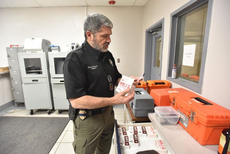 December 19, 2018 Lilburn — Lilburn Police Captain Scott Bennett shows a Nark II Methamphetamine test reagent kit at Lilburn Police Department. The Lilburn police are not involved in the lawsuit over inaccurate test results. HYOSUB SHIN / HSHIN@AJC.COM