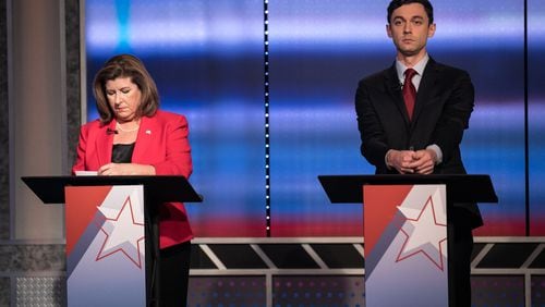 Republican Karen Handel and Democrat Jon Ossoff prepare for a debate ahead of the June 2o runoff in Georgia’s 6th District race. BRANDEN CAMP/SPECIAL