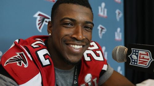 Falcons strong safety Keanu Neal is all smiles during Super Bowl media availability on Wednesday, Feb. 1, 2017, at the Memorial City Mall ice arena in Houston. Curtis Compton/ccompton@ajc.com