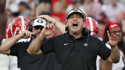 Georgia head coach Kirby Smart yells to his defense as they try to stop the Sooners on first and goal at the College Football Playoff Semifinal at the Rose Bowl Game Monday, Jan. 1, 2018, in Pasadena, Calif.