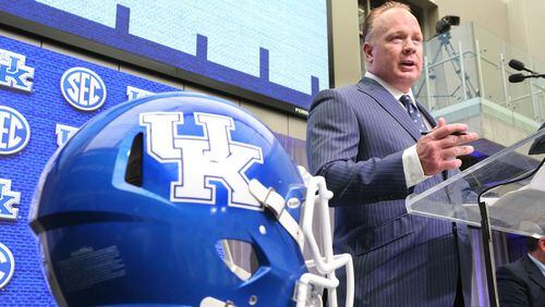 Kentucky coach Mark Stoops holds his SEC Media Days news conference at the College Football Hall of Fame on Monday, July 16, 2018, in Atlanta. Kentucky came close to beating Georgia two years ago, but couldn’t keep up with the Bulldogs in 2017.  Curtis Compton/ccompton@ajc.com