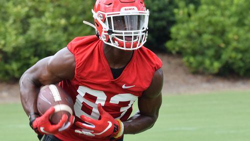 Georgia receiver George Pickens (83) has been turning heads with his playmaking ability during preseason camp. (Photo by Steven Colquitt/UGA)