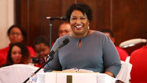 Former candidate for governor Stacey Abrams speaks at Brown Chapel African Methodist Episcopal Church during Selma's re-enactment of Bloody Sunday on Sunday, March 1, 2020, in Selma, Ala.  Curtis Compton ccompton@ajc.com
