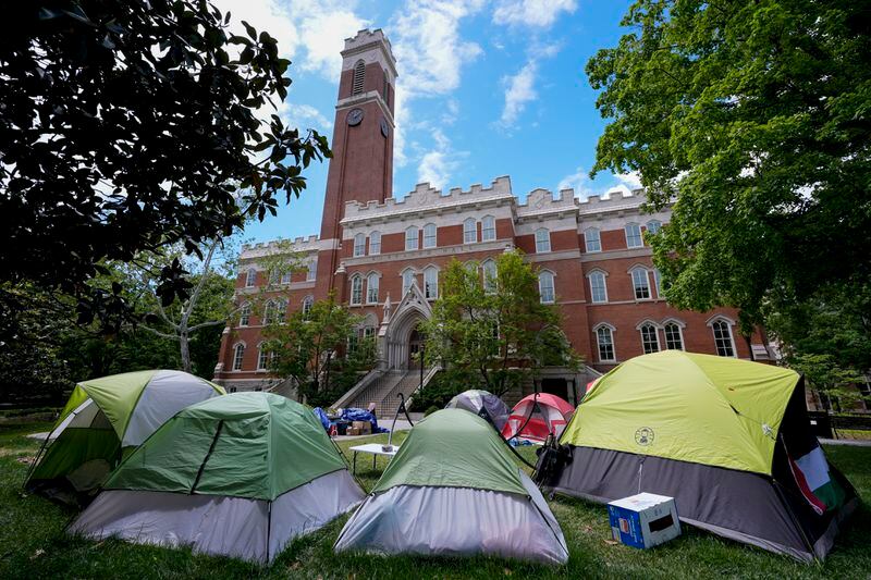 Pro-Palestinian supporters continue their encampment protest on Vanderbilt University campus Friday, May 3, 2024, in Nashville, Tenn. (AP Photo/George Walker IV)