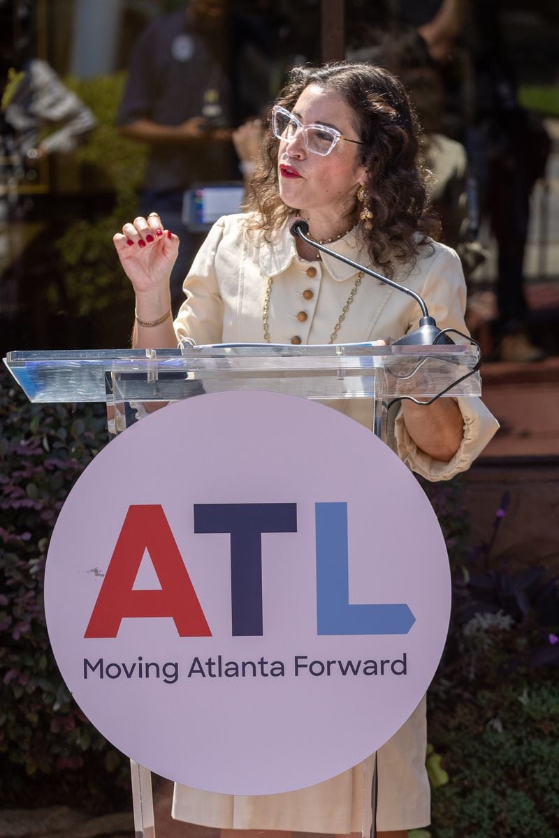 Dr. Eloisa Klementich, President and CEO of Invest Atlanta, talks at a press conference announcing $8.2 million in grant awards to Atlanta small businesses and nonprofits at the Beautiful Restaurant in Atlanta Tuesday, August 30, 2022. Steve Schaefer/steve.schaefer@ajc.com)