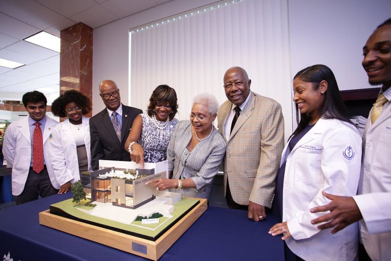 The $ 3 million gift from Hank and Billye Suber Aaron to the Morehouse School of Medicine will be used to expand the Hugh Gloster Medical Education building and create the Billye Suber Aaron student pavilion.  The gift was given for the 40th anniversary of the school and for the call on the 31st autumn, for the white coat and for the pinning ceremony.  The participating students are MSM's largest first class class with 159 MD, MPH and PhD students.  PHOTO COURTESY MOREHOUSE SCHOOL OF MEDICINE