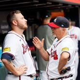 Atlanta Braves pitching coach Rick Kranitz (right)speaks with Tyler Matzek after the reliever gave up three runs during the eighth inning at Truist Park on Thursday, April 11, 2024. The Braves lost to the Mets 16-4. 
Miguel Martinez / miguel.martinezjimenez@ajc.com 