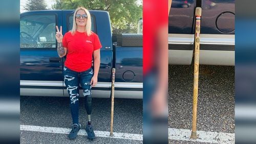 Kendra Lou Pieper, a wounded veteran who lost her left leg above the knee, misplaced her unique walking cane at a Newton County gas station. Her Facebook post about the cane has been shared hundreds of thousands of times.