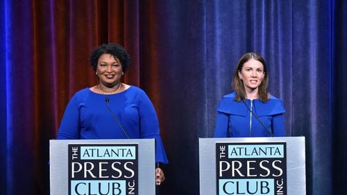 Democrats Stacey Abrams (left) and Stacey Evans at Tuesday night’s Democratic gubernatorial debate at Georgia Public Broadcasting. The event was sponsored by the Atlanta Press Club. HYOSUB SHIN / HSHIN@AJC.COM