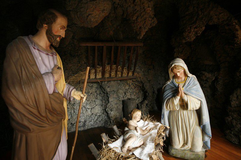 A Nativity scene symbolizes the birth of Jesus.