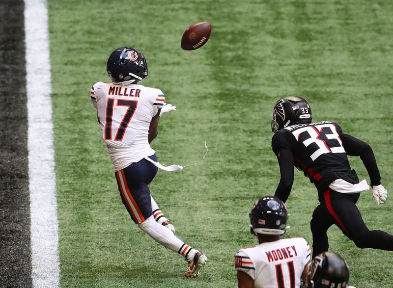 Bears wide receiver Anthony Miller gets past Atlanta Falcons cornerback Blidi Wreh-Wilson for what proved to be the winning touchdown during the fourth quarter Sunday, Sept. 27, 2020, at Mercedes-Benz Stadium in Atlanta. Chicago won 30-26. (Curtis Compton / Curtis.Compton@ajc.com)